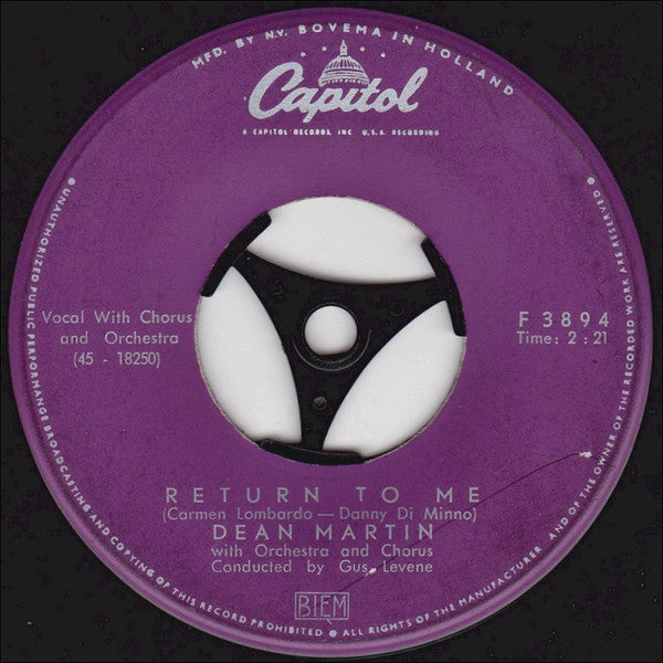 Dean Martin - Return To Me Vinyl Singles Vinyl Zeer Goed / Hoesje Generic "VINYLSINGLES.NL"