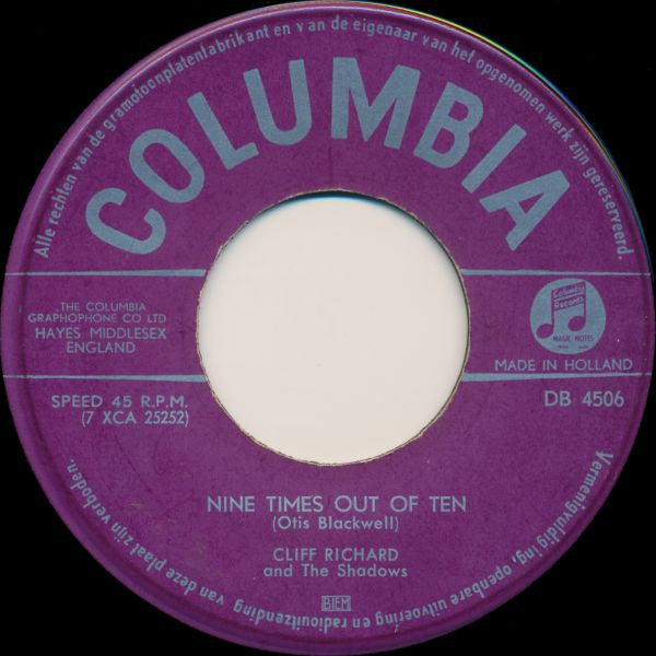 Cliff Richard & The Shadows - Nine Times Out Of Ten 42473 Vinyl Singles Vinyl Goed / Hoes Generic