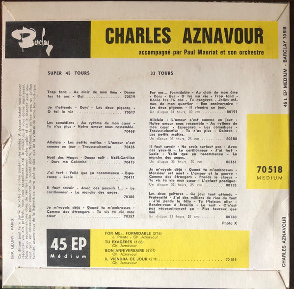Charles Aznavour - For Me... Formidable 42649 Vinyl Singles EP Vinyl Goed / Hoes Goed