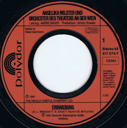 Angelika Milster - Erinnerung 39559 Vinyl Singles Vinyl Zeer Goed / Hoesje Goed "VINYLSINGLES.NL"