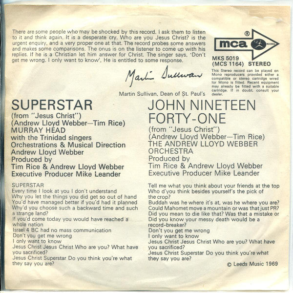 Murray Head With The Trinidad Singers - Superstar 06258 Vinyl Singles Vinyl Goed / Hoes Goed