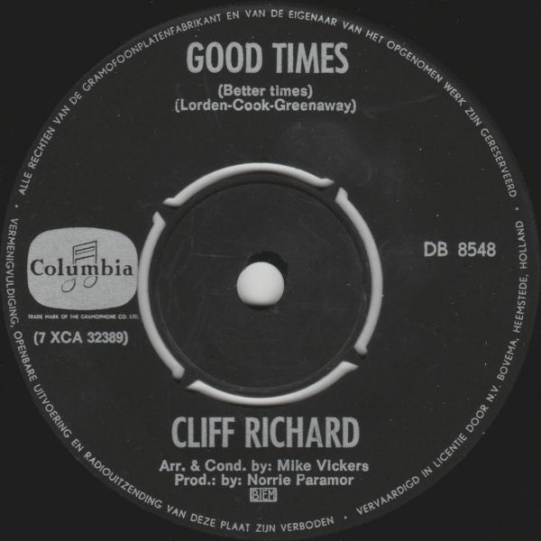 Cliff Richard - Good Times (Better Times) Vinyl Singles Vinyl Zeer Goed / Hoesje Generic "VINYLSINGLES.NL"