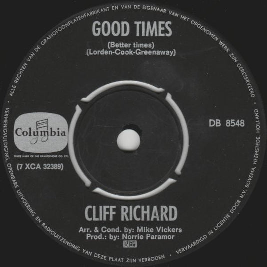 Cliff Richard - Good Times (Better Times) Vinyl Singles Vinyl Zeer Goed / Hoesje Generic "VINYLSINGLES.NL"