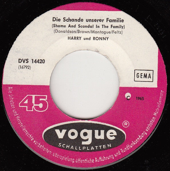 Harry Und Ronny - Die Schande Unserer Familie Vinyl Singles Vinyl Zeer Goed / Hoesje Generic "VINYLSINGLES.NL"