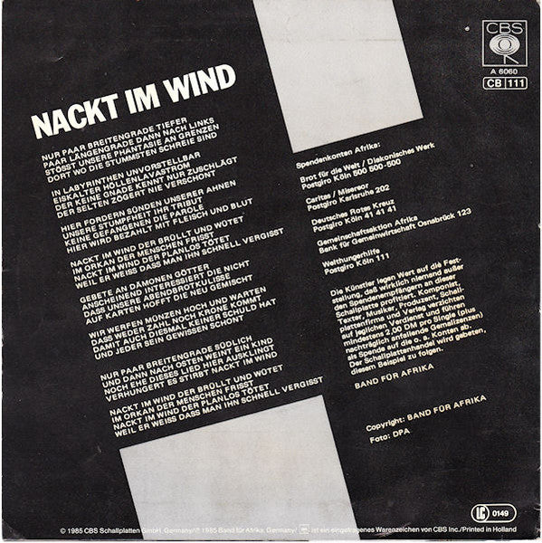 Band Für Afrika - Nackt Im Wind 40964 Vinyl Singles Vinyl Zeer Goed / Hoesje Goed "VINYLSINGLES.NL"