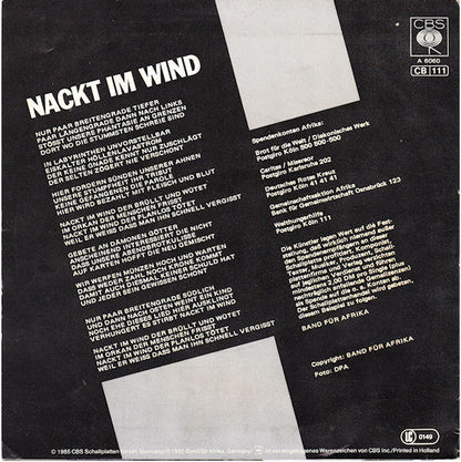 Band Für Afrika - Nackt Im Wind 40964 Vinyl Singles Vinyl Zeer Goed / Hoesje Goed "VINYLSINGLES.NL"