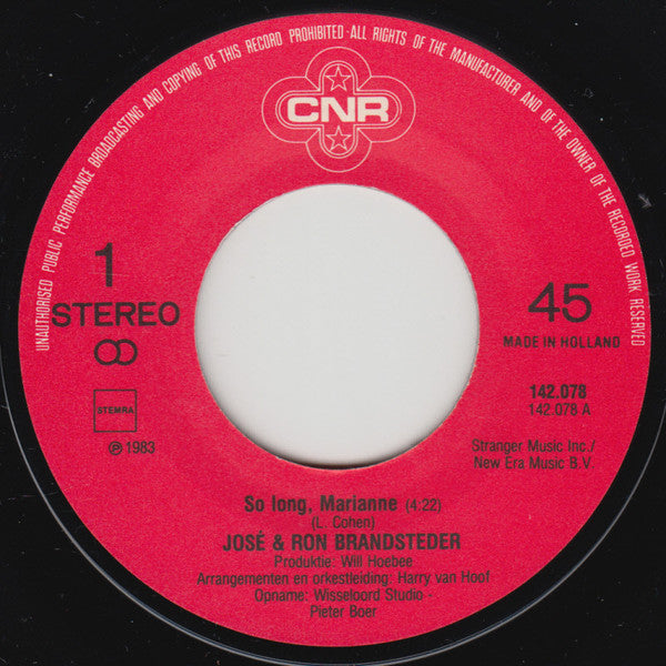 José & Ron Brandsteder - So Long, Marianne 41573 Vinyl Singles Vinyl Goed / Hoes Generic