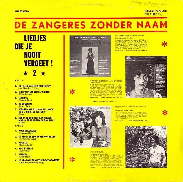 Zangeres Zonder Naam - Liedjes Die Je Nooit Vergeet! 2 (LP) 42887 Vinyl LP JUKEBOXSINGLES.NL   