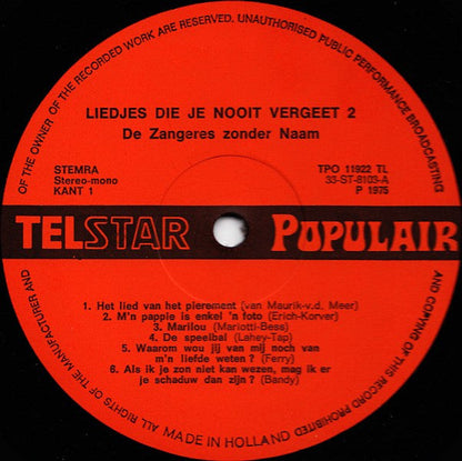 Zangeres Zonder Naam - Liedjes Die Je Nooit Vergeet! 2 (LP) 42887 Vinyl LP JUKEBOXSINGLES.NL   