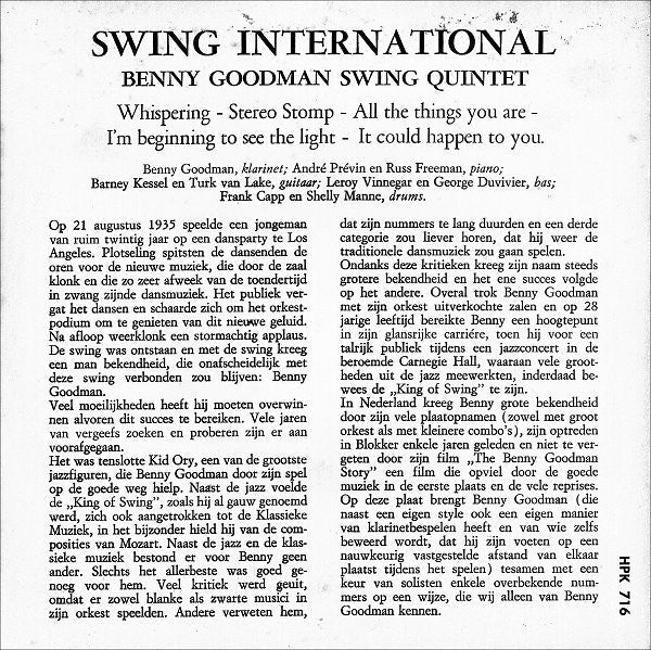 Benny Goodman - Swing International 42841 Vinyl Singles EP Vinyl Zeer Goed / Hoesje Goed "VINYLSINGLES.NL"