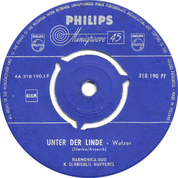Harmonica Duo K. Schriebl / J. Hupperts - Unter Der Linde Vinyl Singles Vinyl Zeer Goed / Hoesje Goed "VINYLSINGLES.NL"