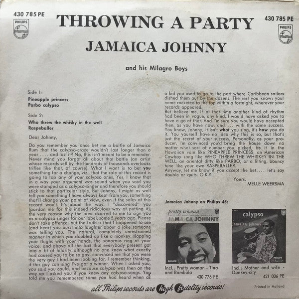Jamaica Johnny And His Milagro Boys - Throwing A Party 42587 Vinyl Singles EP Vinyl Goed / Hoes Goed