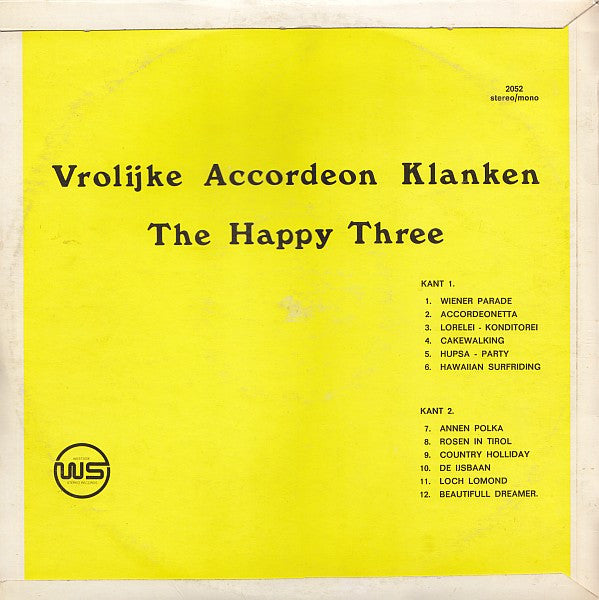 Happy Three - Vrolijke Accordeon Klanken (LP) Vinyl LP Vinyl Zeer Goed / Hoesje Goed "VINYLSINGLES.NL"