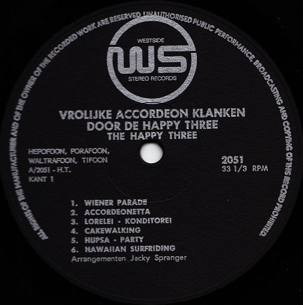 Happy Three - Vrolijke Accordeon Klanken (LP) Vinyl LP Vinyl Zeer Goed / Hoesje Goed "VINYLSINGLES.NL"