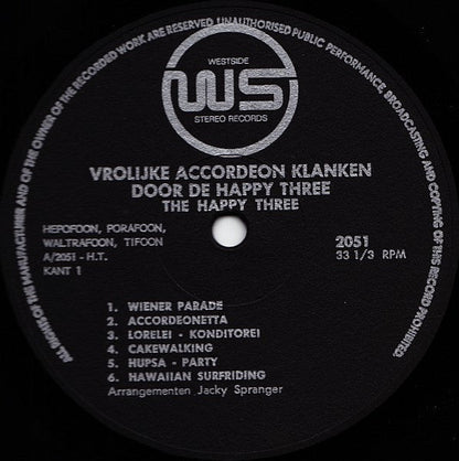Happy Three - Vrolijke Accordeon Klanken (LP) Vinyl LP Vinyl Zeer Goed / Hoesje Goed "VINYLSINGLES.NL"