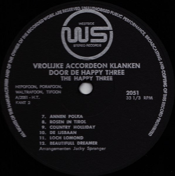 Happy Three - Vrolijke Accordeon Klanken (LP) Vinyl LP Vinyl Zeer Goed / Hoesje Goed "VINYLSINGLES.NL"