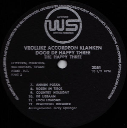 Happy Three - Vrolijke Accordeon Klanken (LP) Vinyl LP Vinyl Zeer Goed / Hoesje Goed "VINYLSINGLES.NL"