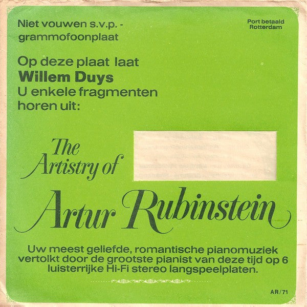 Arthur Rubinstein - Willem Duys Presenteert The Artistry Of Artur Rubinstein Flexi-disk Vinyl Zeer Goed / Hoesje Goed "VINYLSINGLES.NL"