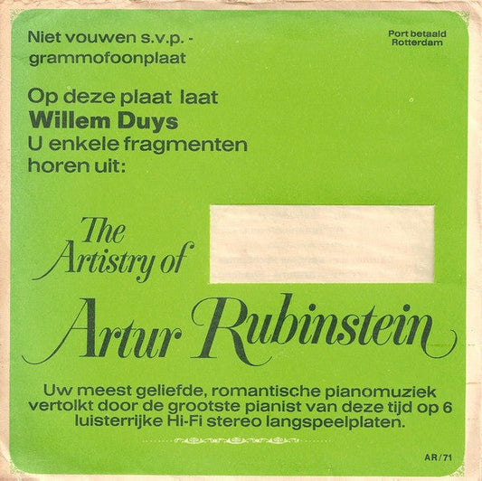 Arthur Rubinstein - Willem Duys Presenteert The Artistry Of Artur Rubinstein Flexi-disk Vinyl Zeer Goed / Hoesje Goed "VINYLSINGLES.NL"