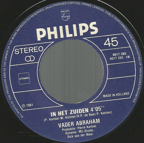 Vader Abraham - In Het Zuiden 39948 (B) Vinyl Singles Vinyl Goed / Hoes Sticker