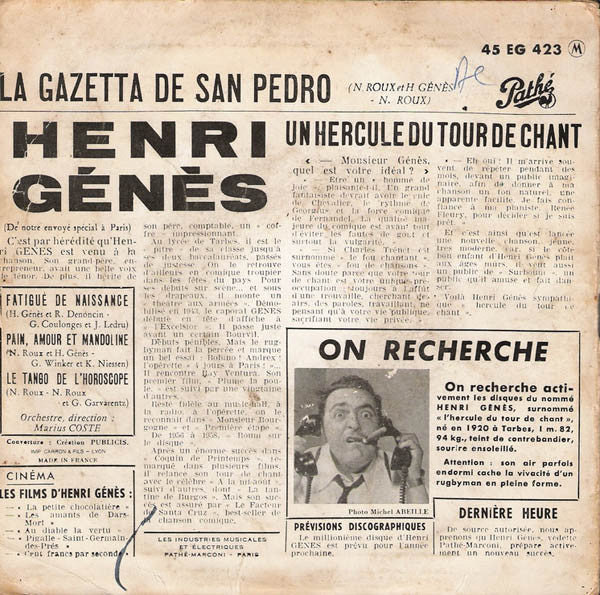 Henri Génès - Fatigués De Naissance Vinyl Singles Vinyl Zeer Goed / Hoesje Goed "VINYLSINGLES.NL"