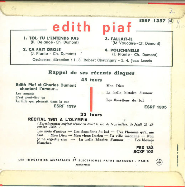 Edith Piaf - Toi, Tu L'Entends Pas 39930 Vinyl Singles EP Vinyl Zeer Goed / Hoesje Goed "VINYLSINGLES.NL"