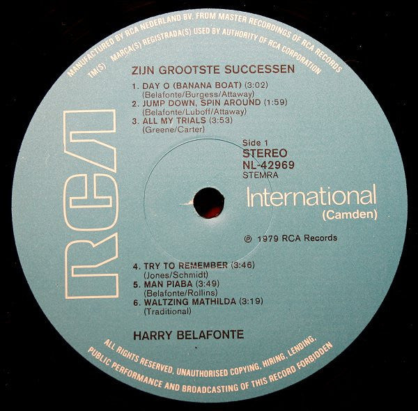 Harry Belafonte - Zijn Grootste Successen (LP) Vinyl LP Vinyl Zeer Goed / Hoesje Goed "VINYLSINGLES.NL"