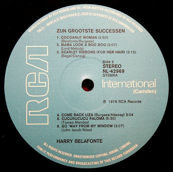 Harry Belafonte - Zijn Grootste Successen (LP) Vinyl LP Vinyl Zeer Goed / Hoesje Goed "VINYLSINGLES.NL"