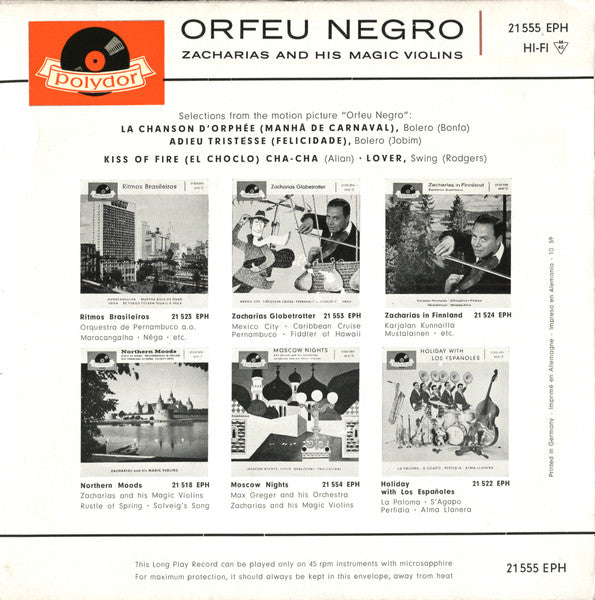 Helmut Zacharias Und Seine Verzauberten Geigen - Orfeu Negro Vinyl Singles EP Vinyl Zeer Goed / Hoesje Goed "VINYLSINGLES.NL"