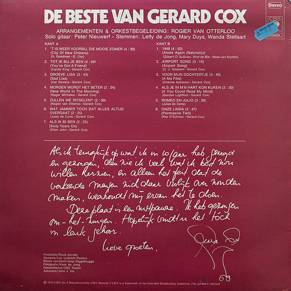 Gerard Cox - De Beste Van Gerard Cox (LP) Vinyl LP Vinyl Zeer Goed / Hoesje Goed "VINYLSINGLES.NL"