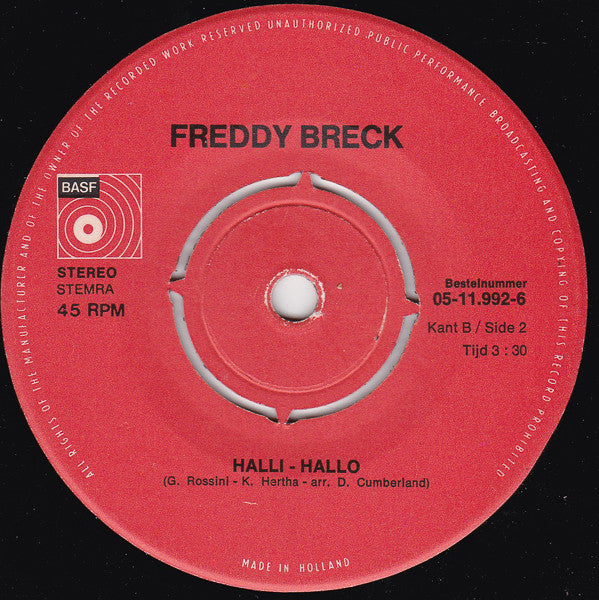 Freddy Breck - Halli-Hallo 43260 Vinyl Singles Vinyl Zeer Goed / Hoesje Goed "VINYLSINGLES.NL"