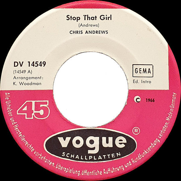 Chris Andrews - Stop That Girl Vinyl Singles Vinyl Zeer Goed / Hoesje Generic "VINYLSINGLES.NL"