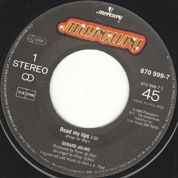 Gerard Joling - Read My Lips 09554 Vinyl Singles Vinyl Zeer Goed / Hoesje Goed "VINYLSINGLES.NL"