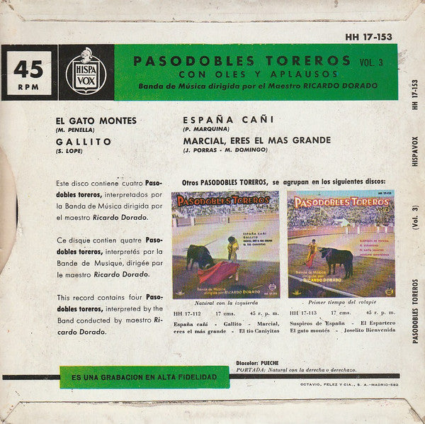 Ricardo Dorado - Pasodobles Toreros Vol.3 10045 Vinyl Singles EP Vinyl Goed / Hoes Goed