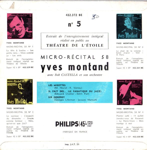 Yves Montand Avec Bob Castella Et Son Orchestre - Micro - Récital 58 (N°5) 41439 Vinyl Singles EP Vinyl Goed / Hoes Goed