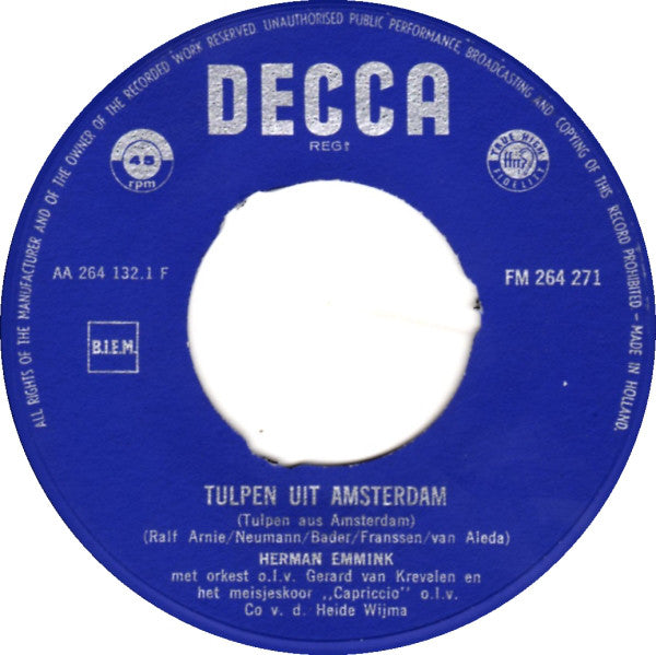 Herman Emmink - Tulpen Uit Amsterdam Vinyl Singles Vinyl Zeer Goed / Hoesje Goed "VINYLSINGLES.NL"