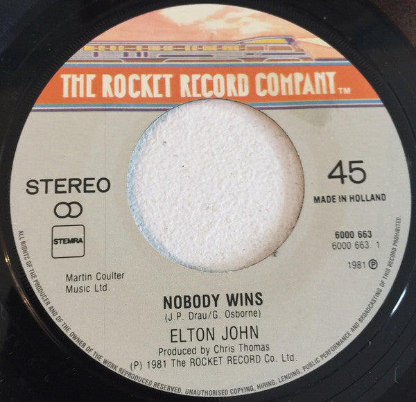 Elton John - Nobody Wins Vinyl Singles Vinyl Zeer Goed / Hoesje Goed "VINYLSINGLES.NL"
