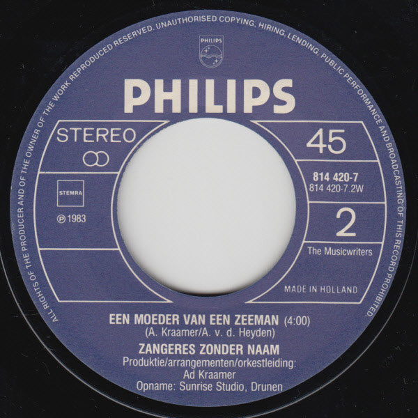 Zangeres Zonder Naam - Werkeloos 00019 Vinyl Singles Vinyl Goed / Hoes Goed