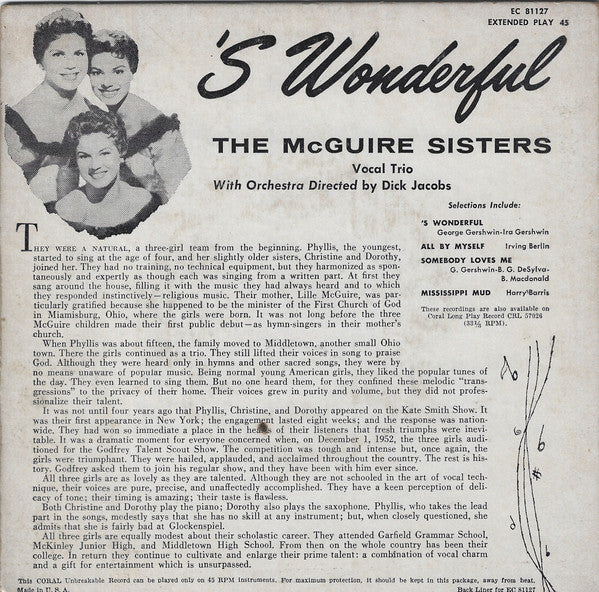 McGuire Sisters - 'S Wonderful 41352 Vinyl Singles EP Vinyl Goed / Hoes Goed
