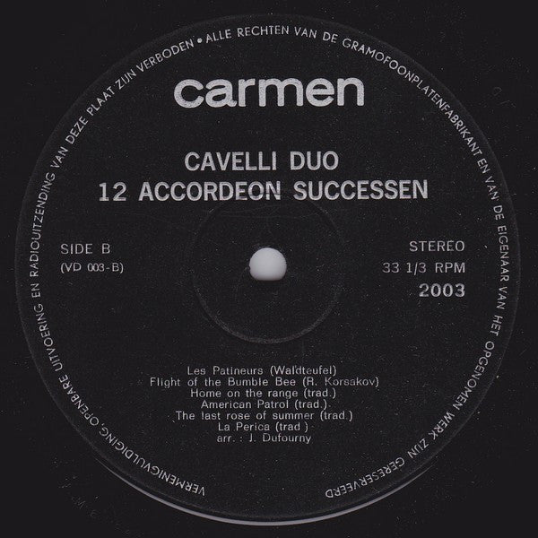 Cavelli Duo - 12 Accordeon Successen (LP) 48776 Vinyl LP JUKEBOXSINGLES.NL   