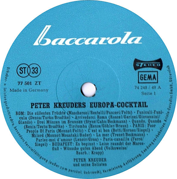 Peter Kreuder Und Seine Solisten - Peter Kreuders Europa-Cocktail (LP) 42574 Vinyl LP JUKEBOXSINGLES.NL   