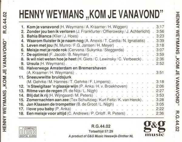Henny Weijmans - Kom Je Vanavond (CD) 70613 Compact Disc Goede Staat
