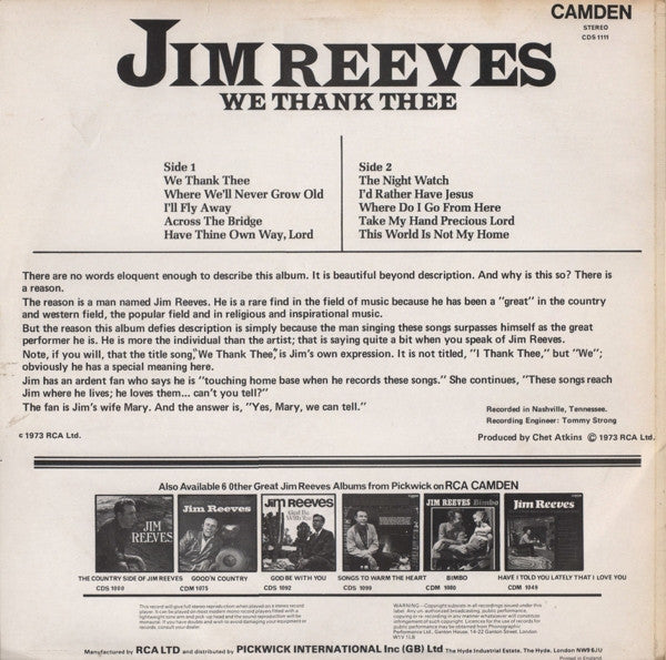 Jim Reeves - We Thank Thee (LP) 40889 Vinyl LP JUKEBOXSINGLES.NL   