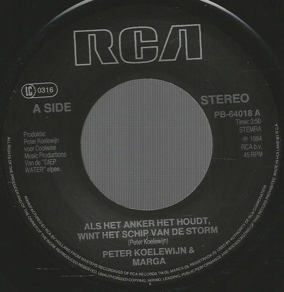 Peter Koelewijn & Marga Bult - Als Het Anker Het Houdt Wint Het Schip Van De Storm 42125 Vinyl Singles Vinyl Goed / Hoes Generic