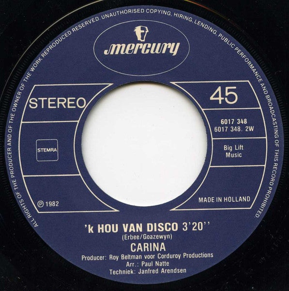 Carina - Oh Lieve Papa Vinyl Singles Vinyl Zeer Goed / Hoesje Goed "VINYLSINGLES.NL"