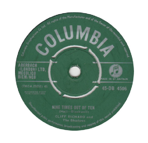 Cliff Richard & The Shadows - Nine Times Out Of Ten Vinyl Singles Vinyl Zeer Goed / Hoesje Generic "VINYLSINGLES.NL"