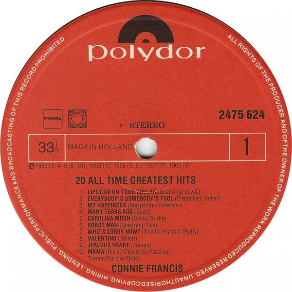 Connie Francis - 20 All Time Greatest Hits (LP) 48237 Vinyl LP JUKEBOXSINGLES.NL   