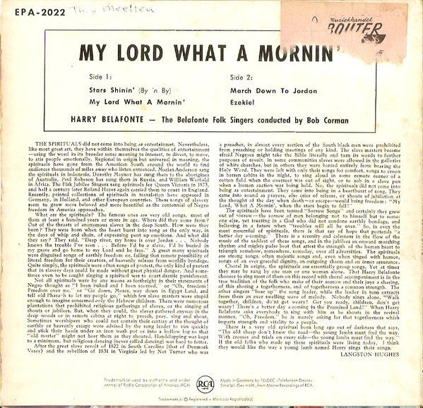 Harry Belafonte, The Belafonte Folk Singers - My Lord What A Mornin Vinyl Singles Vinyl Zeer Goed / Hoesje Goed "VINYLSINGLES.NL"