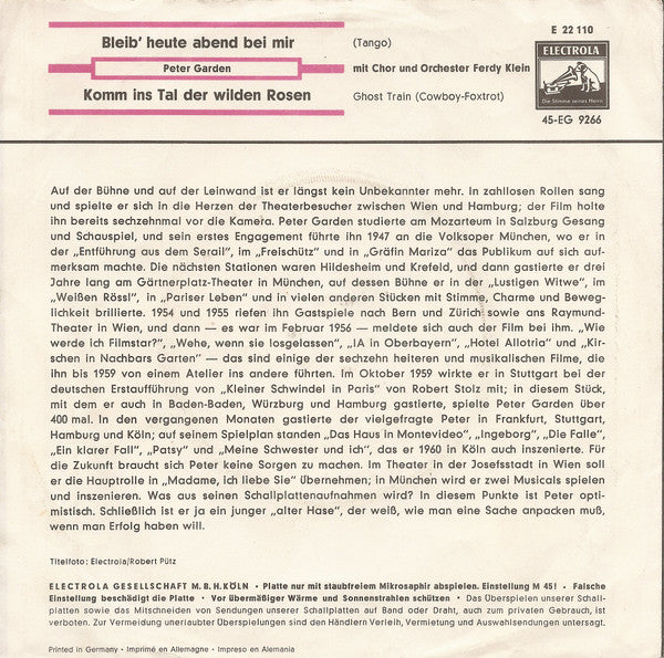 Peter Garden - Bleib' Heute Abend Bei Mir Vinyl Singles Vinyl Goed / Hoes Goed