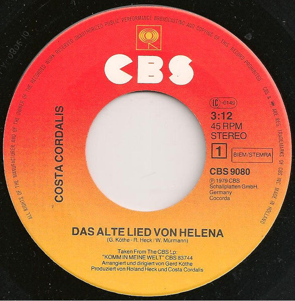 Costa Cordalis - Das Alte Lied Von Helena 32152 Vinyl Singles Vinyl Zeer Goed / Hoesje Goed "VINYLSINGLES.NL"